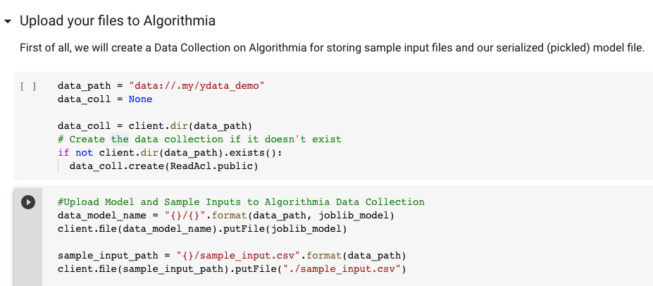 Initialize Algorithmia client and upload the serialized model files