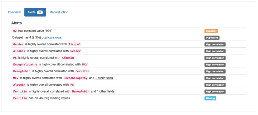 Alerts shown in Pandas Profiling Report