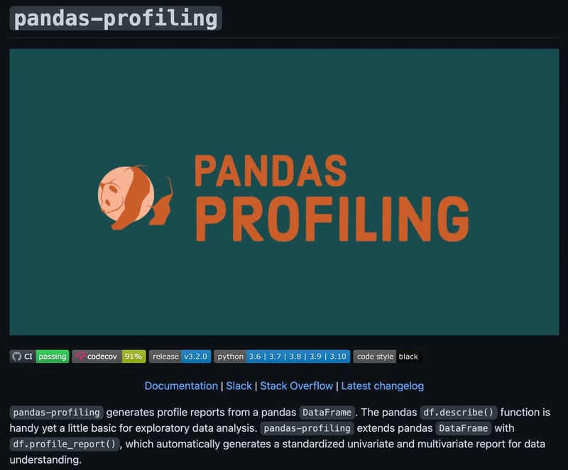 The GitHub repository for pandas-profiling