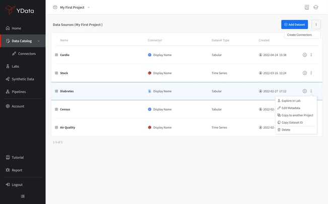 List of available datasources for a Data Science project in Fabric.